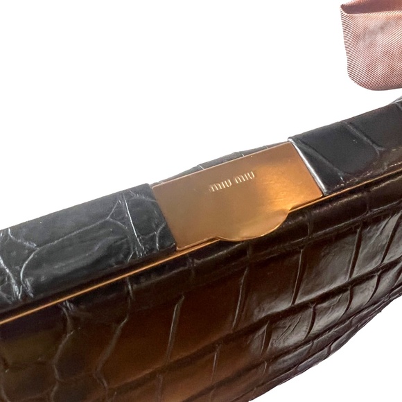 Miu Miu 90s Black Croc Embossed Leather Handbag with Scarf Handle Vintage Y2K - Picture 5 of 14